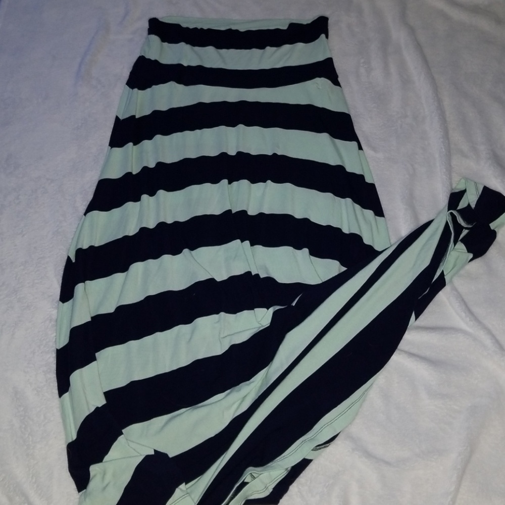 Aqua and navy striped maxi skirt